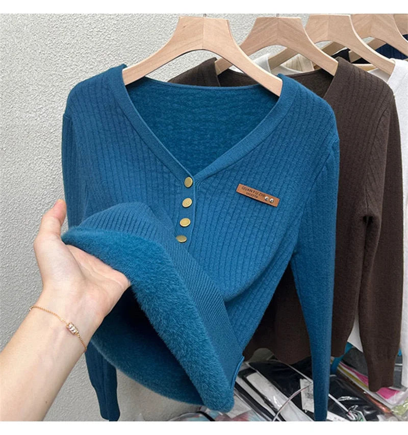 Thicken Women’s Velvet Lined V-Neck Knit Jumper