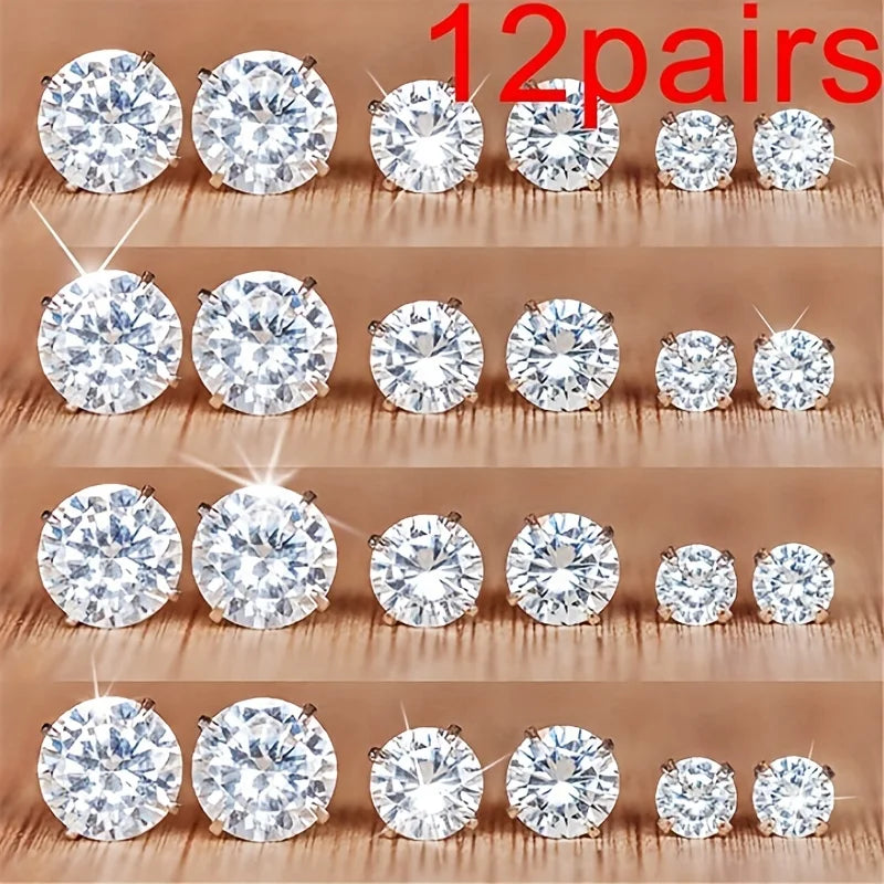 12 Pairs Eight Claw Glass Water Diamond Earrings, Versatile Flower Artificial Crystal Card Earring Set Earrings, Earring Set