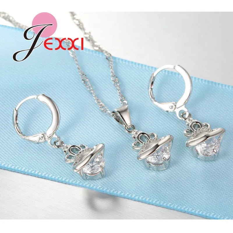 New Arrival 925 Sterling Silver Bridal Jewelry Set Crystal Drop Crown Universe Round Pendant Necklace Earrings Sets