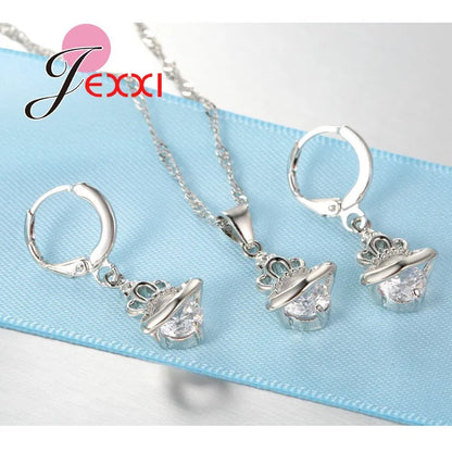 New Arrival 925 Sterling Silver Bridal Jewelry Set Crystal Drop Crown Universe Round Pendant Necklace Earrings Sets