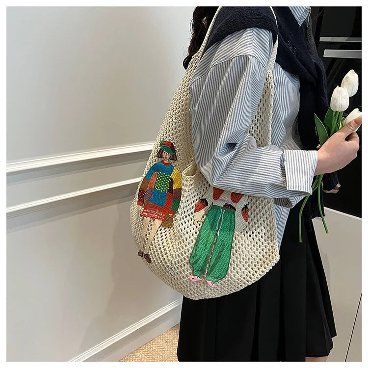 Hollow Mesh Knitted Shoulder Bag Beach Vacation Slouchy Chic Cartoon Tote Bag Lightweight Laid-Back Casual Woven Women Handbag