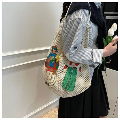 Hollow Mesh Knitted Shoulder Bag Beach Vacation Slouchy Chic Cartoon Tote Bag Lightweight Laid-Back Casual Woven Women Handbag