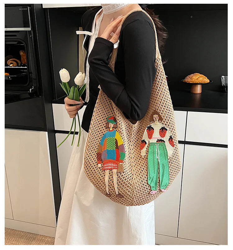 Hollow Mesh Knitted Shoulder Bag Beach Vacation Slouchy Chic Cartoon Tote Bag Lightweight Laid-Back Casual Woven Women Handbag