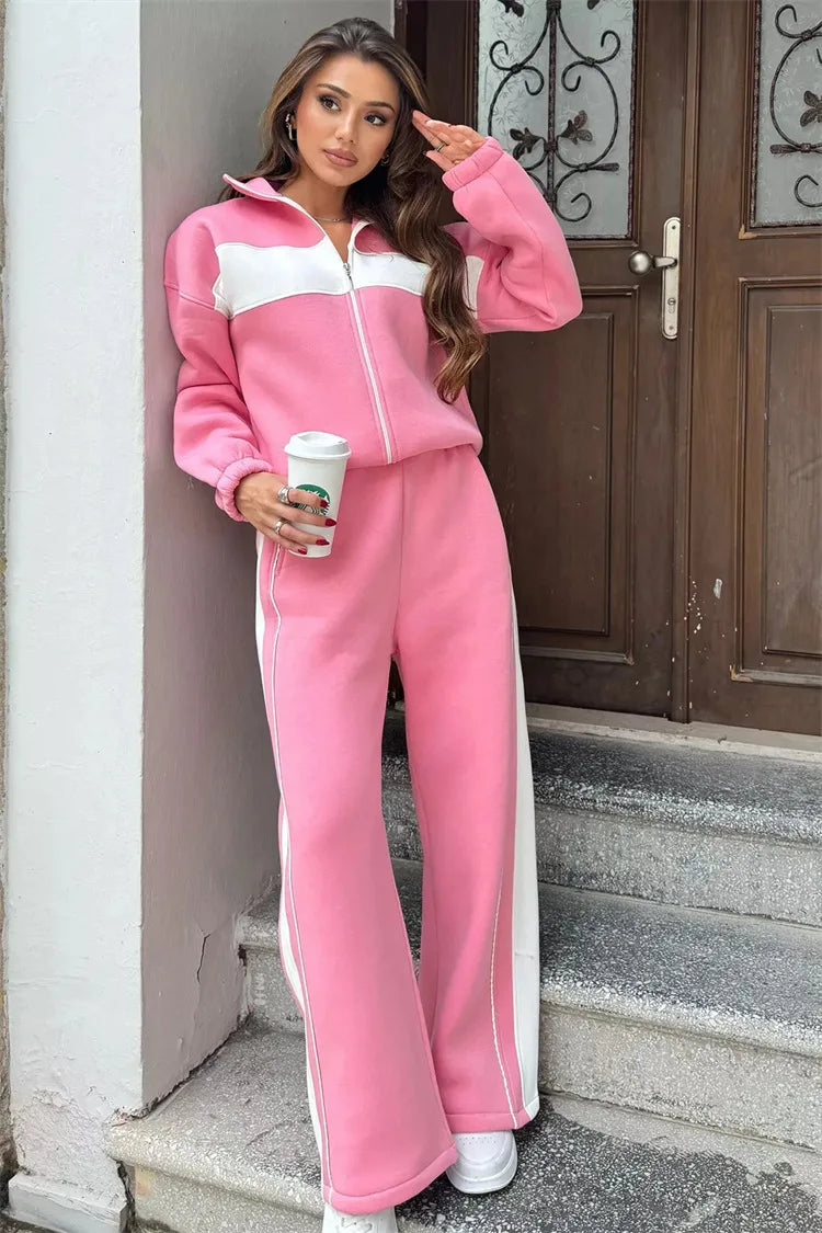 Casual High Neck Zipper Top And Straight Leg Pants Two Piece Set for women Comfortable Leisure
