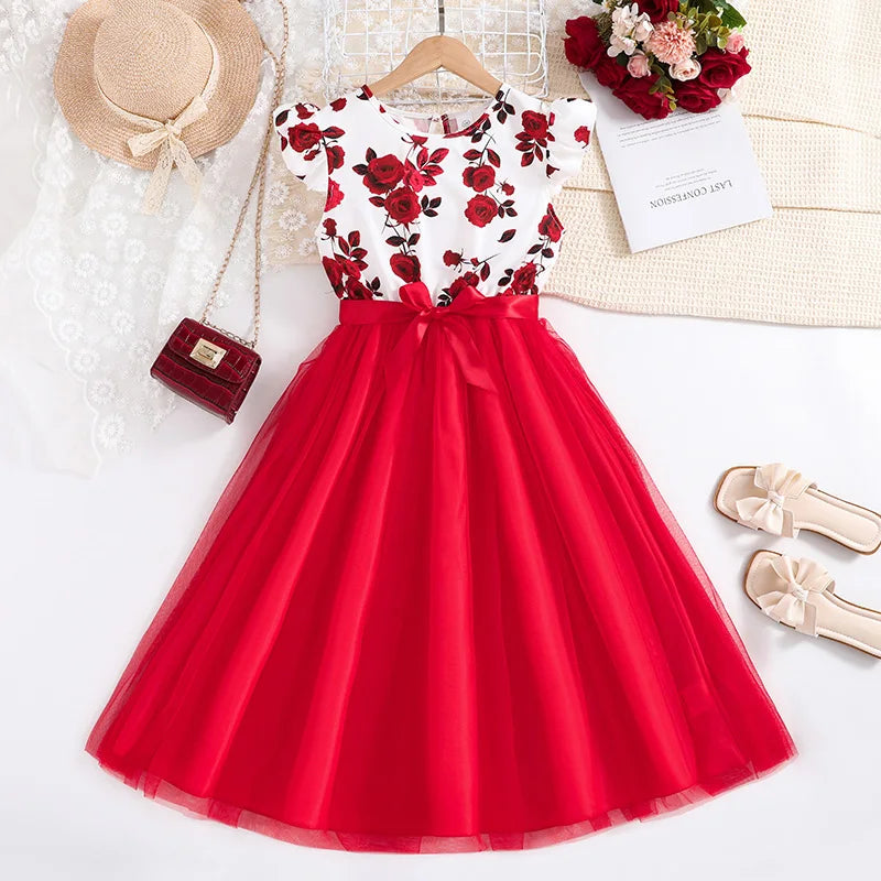 Set For Kids Girl 8-12 Years Ruffled Sleeve Rose Floral Print Tulle Cute Princess Formal Dresses with Belt Ootd For Baby Girls