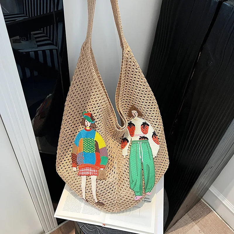 Hollow Mesh Knitted Shoulder Bag Beach Vacation Slouchy Chic Cartoon Tote Bag Lightweight Laid-Back Casual Woven Women Handbag