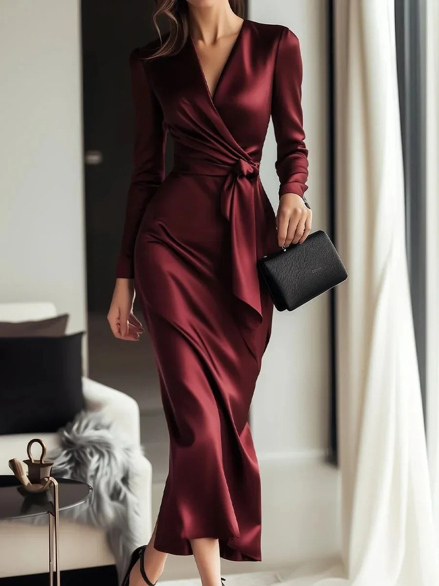 Crisluvᵀᴹ Elegant Satin V-Neck Long Sleeve Maxi Dress with Waist Belt