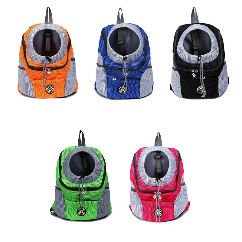 Portable Pet Backpack Carrier in various colors including orange, blue, black, green, and pink for small dogs.