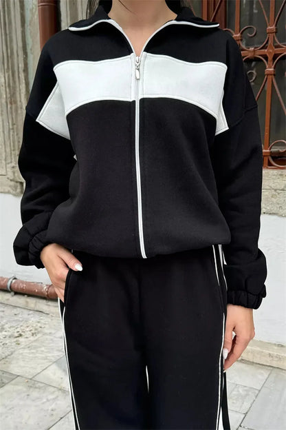 Casual High Neck Zipper Top And Straight Leg Pants Two Piece Set for women Comfortable Leisure