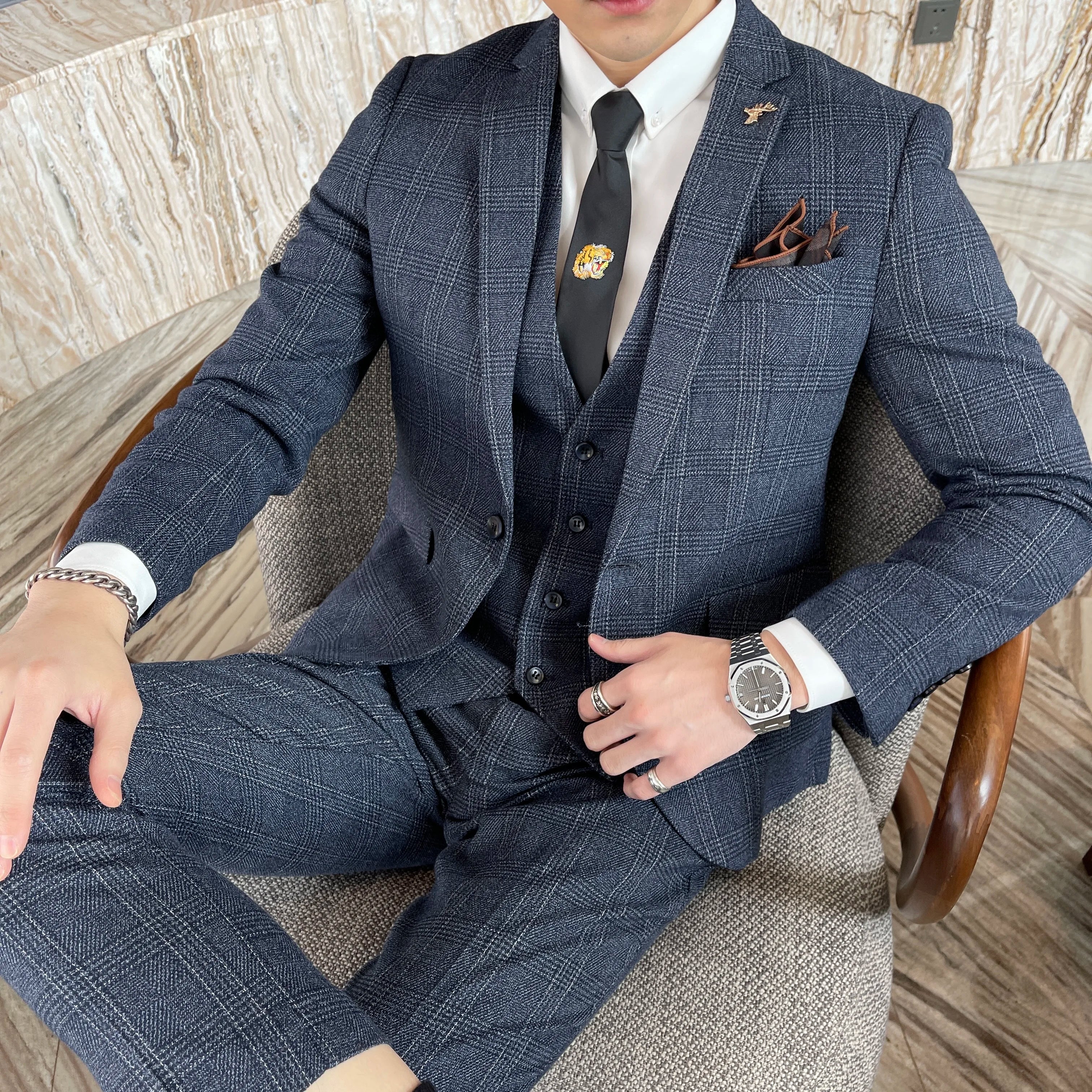 British Men’s Plaid Three-Piece Suit – Korean British Style Business Casual Blazer, Vest &amp; Trousers