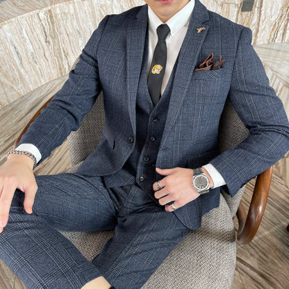 British Men’s Plaid Three-Piece Suit – Korean British Style Business Casual Blazer, Vest &amp; Trousers