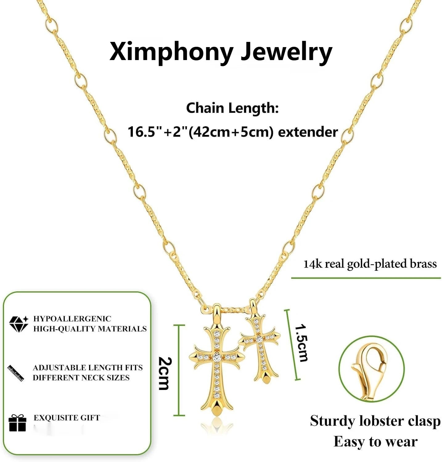 Cross Necklace K Gold/Silver Plated Double Cross Pendant Necklace Diamond Cross Link Chain Jewelry Religious Gifts for Women