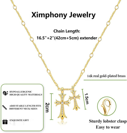 Cross Necklace K Gold/Silver Plated Double Cross Pendant Necklace Diamond Cross Link Chain Jewelry Religious Gifts for Women