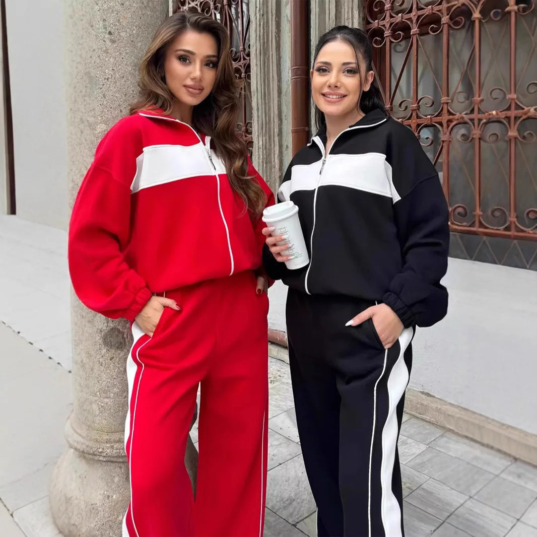 Casual High Neck Zipper Top And Straight Leg Pants Two Piece Set for Women Street Style Color Block Striped Comfortable Leisure
