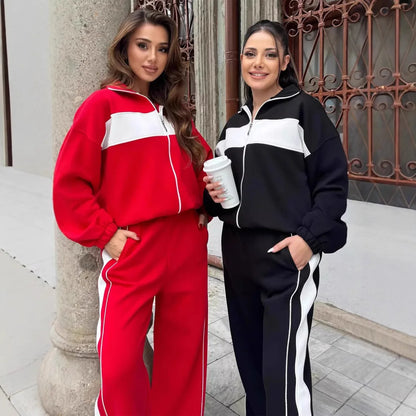 Casual High Neck Zipper Top And Straight Leg Pants Two Piece Set for women Comfortable Leisure