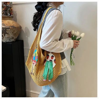 Hollow Mesh Knitted Shoulder Bag Beach Vacation Slouchy Chic Cartoon Tote Bag Lightweight Laid-Back Casual Woven Women Handbag
