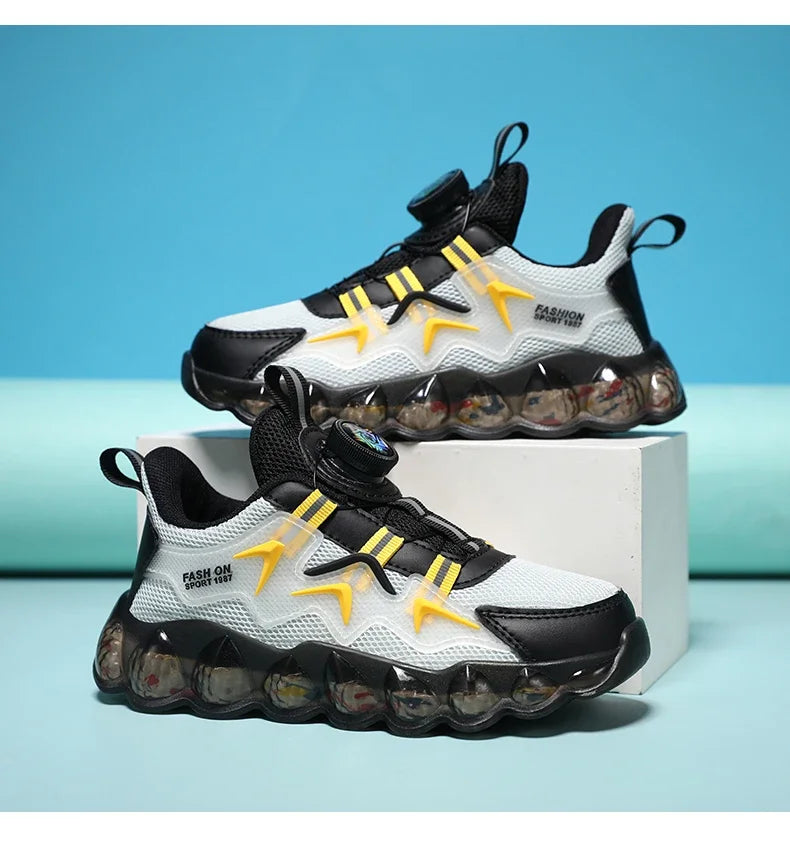 Children Shoes Thick Soled Running Rotary Buckle Kids Sports Casual Tennis For Girls Boys Outdoor Mesh Breathable Unisex Sneaker