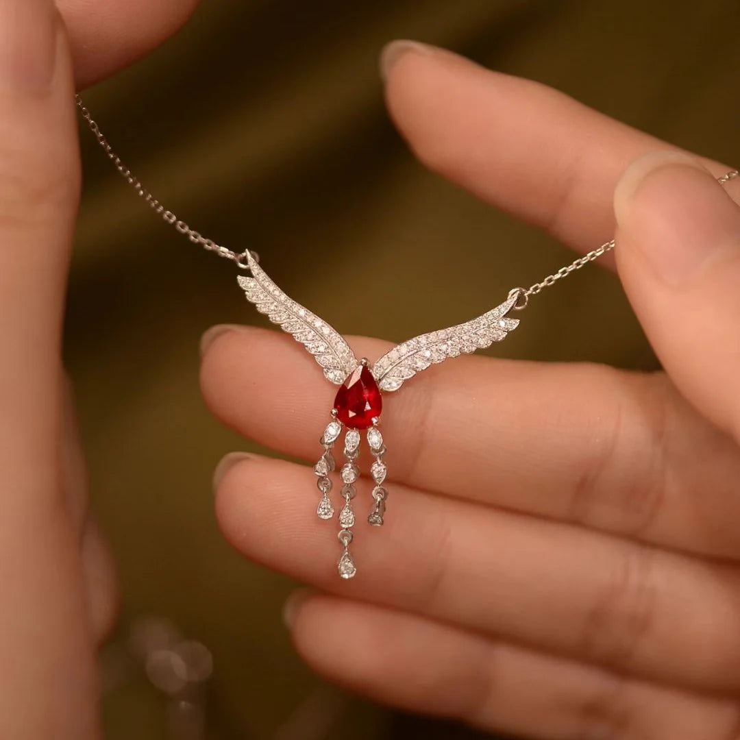 Luxurious and showy red gemstone necklace for women silver 925 inlaid diamonds wings collar chain exquisite wedding jewelry
