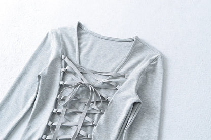 Crisluvᵀᴹ Women’s Y2K Lace-Up V-Neck Cropped Long Sleeve Top