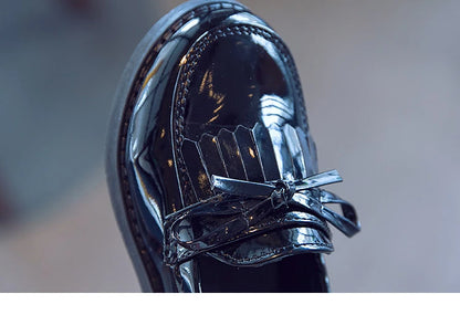 Girls Casual Leather Shoes Kids Flats Tassels with Bow-knot British Style Soft Slip-on Loafers for Wedding Party Bright Skin New