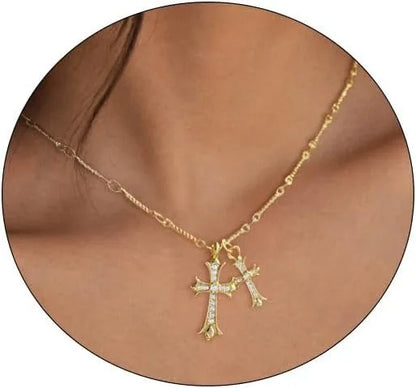 Cross Necklace K Gold/Silver Plated Double Cross Pendant Necklace Diamond Cross Link Chain Jewelry Religious Gifts for Women