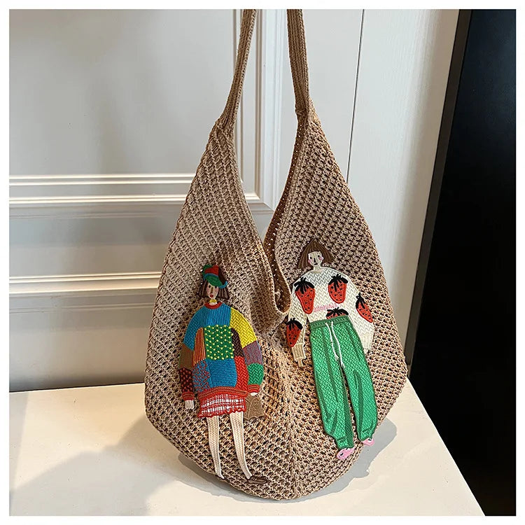 Hollow Mesh Knitted Shoulder Bag Beach Vacation Slouchy Chic Cartoon Tote Bag Lightweight Laid-Back Casual Woven Women Handbag