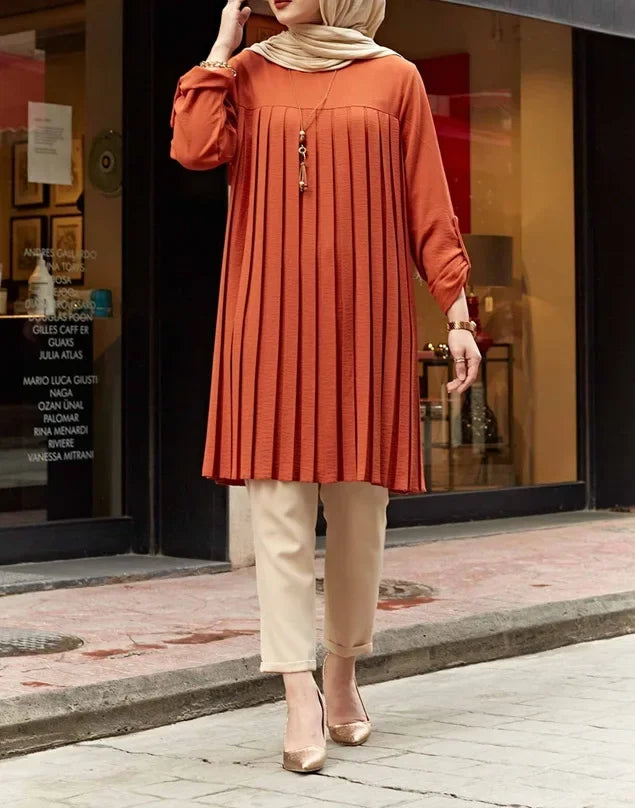 Crisluv™ Modest Pleated Long Shirt – Adjustable Sleeve Islamic O-Neck Top