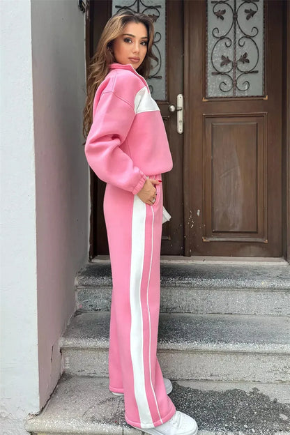 Casual High Neck Zipper Top And Straight Leg Pants Two Piece Set for women Comfortable Leisure