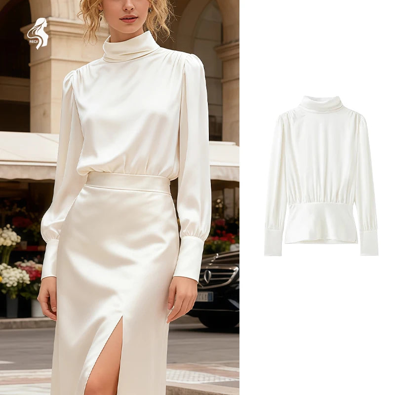 Womens Satin Textured Backless Blouse With Bow Detail Long Sleeves Elegant And Silky Women S Shirt Top For Everyday Casual Wear