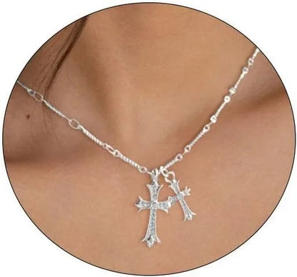 Cross Necklace K Gold/Silver Plated Double Cross Pendant Necklace Diamond Cross Link Chain Jewelry Religious Gifts for Women