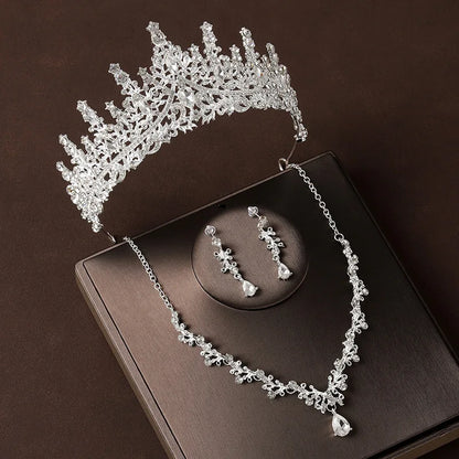 Bridal Wedding Jewelry 4-piece Set, Alloy Crystal Crown&amp;Crystal Necklace&amp;Earrings Women&