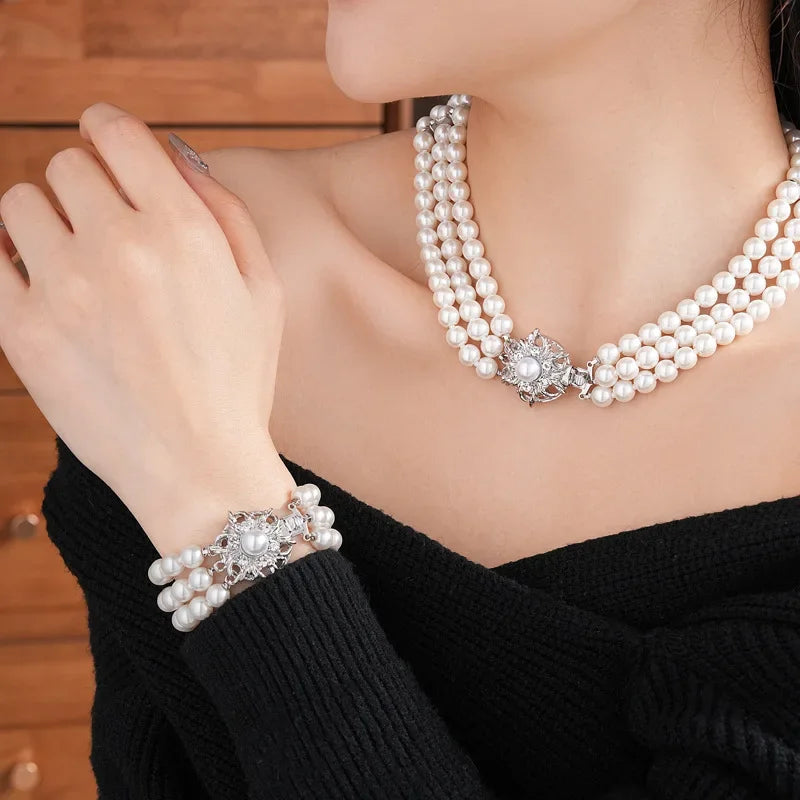 DREJEW Flower Multi-layer Pearl Jewelry Set for Woemn Fashion Bracelet French Fashion Light Luxury Temperament Accessories Sets