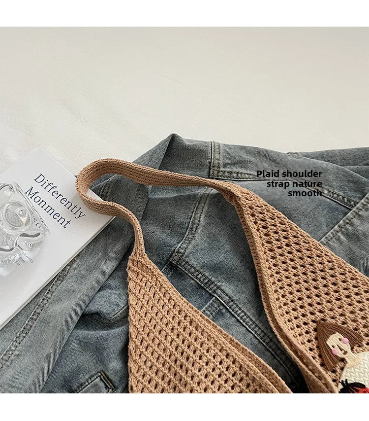 Hollow Mesh Knitted Shoulder Bag Beach Vacation Slouchy Chic Cartoon Tote Bag Lightweight Laid-Back Casual Woven Women Handbag