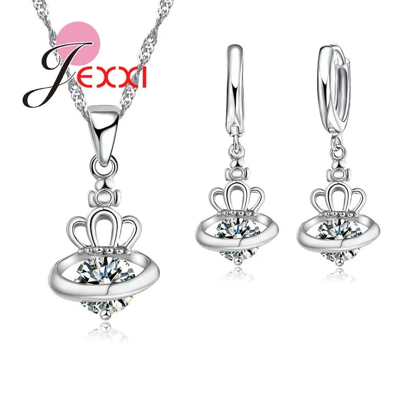 New Arrival 925 Sterling Silver Bridal Jewelry Set Crystal Drop Crown Universe Round Pendant Necklace Earrings Sets