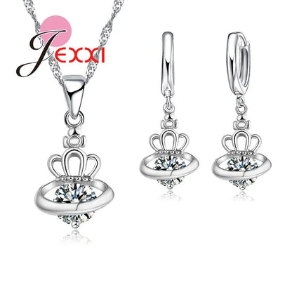 New Arrival 925 Sterling Silver Bridal Jewelry Set Crystal Drop Crown Universe Round Pendant Necklace Earrings Sets