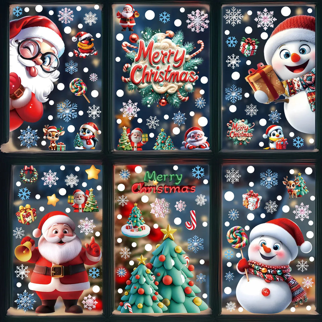 Christmas decorations, gingerbread figurines, snowmen, snowflake glass stickers, Christmas party decorations