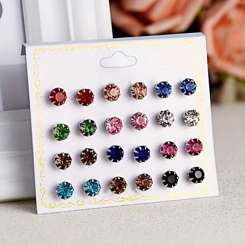 12 Pairs Eight Claw Glass Water Diamond Earrings, Versatile Flower Artificial Crystal Card Earring Set Earrings, Earring Set