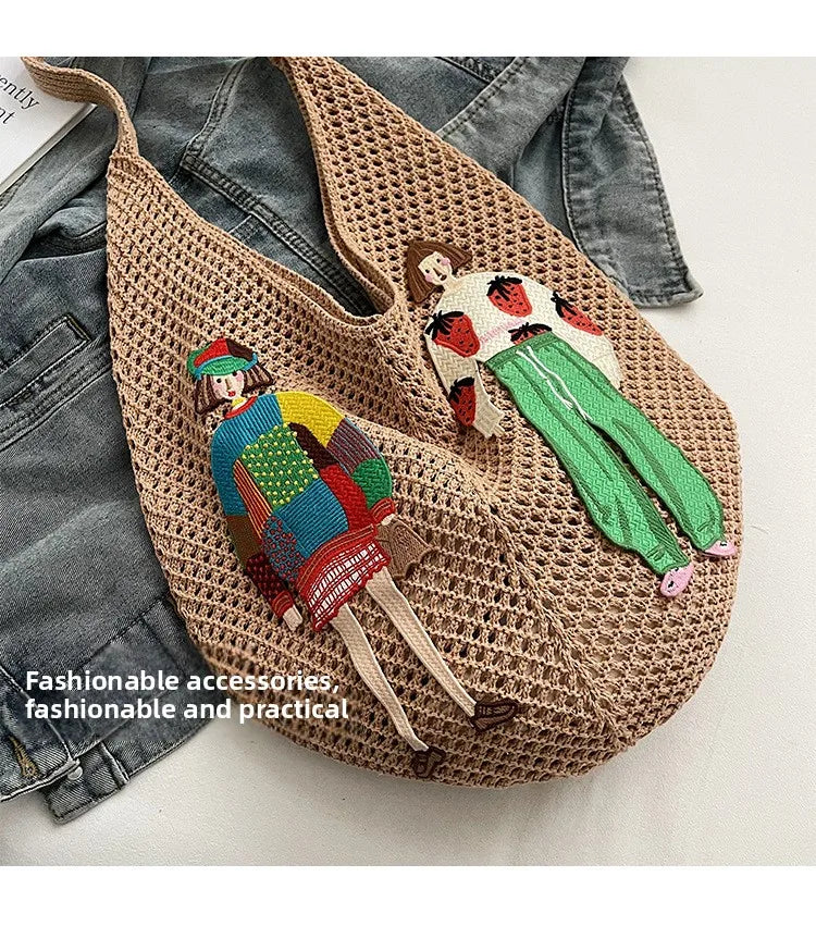 Hollow Mesh Knitted Shoulder Bag Beach Vacation Slouchy Chic Cartoon Tote Bag Lightweight Laid-Back Casual Woven Women Handbag
