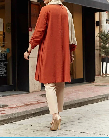 Crisluv™ Modest Pleated Long Shirt – Adjustable Sleeve Islamic O-Neck Top
