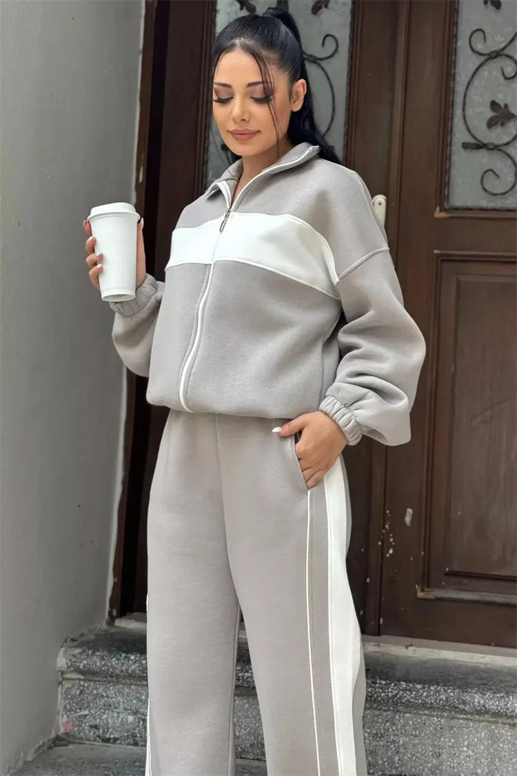 Casual High Neck Zipper Top And Straight Leg Pants Two Piece Set for women Comfortable Leisure