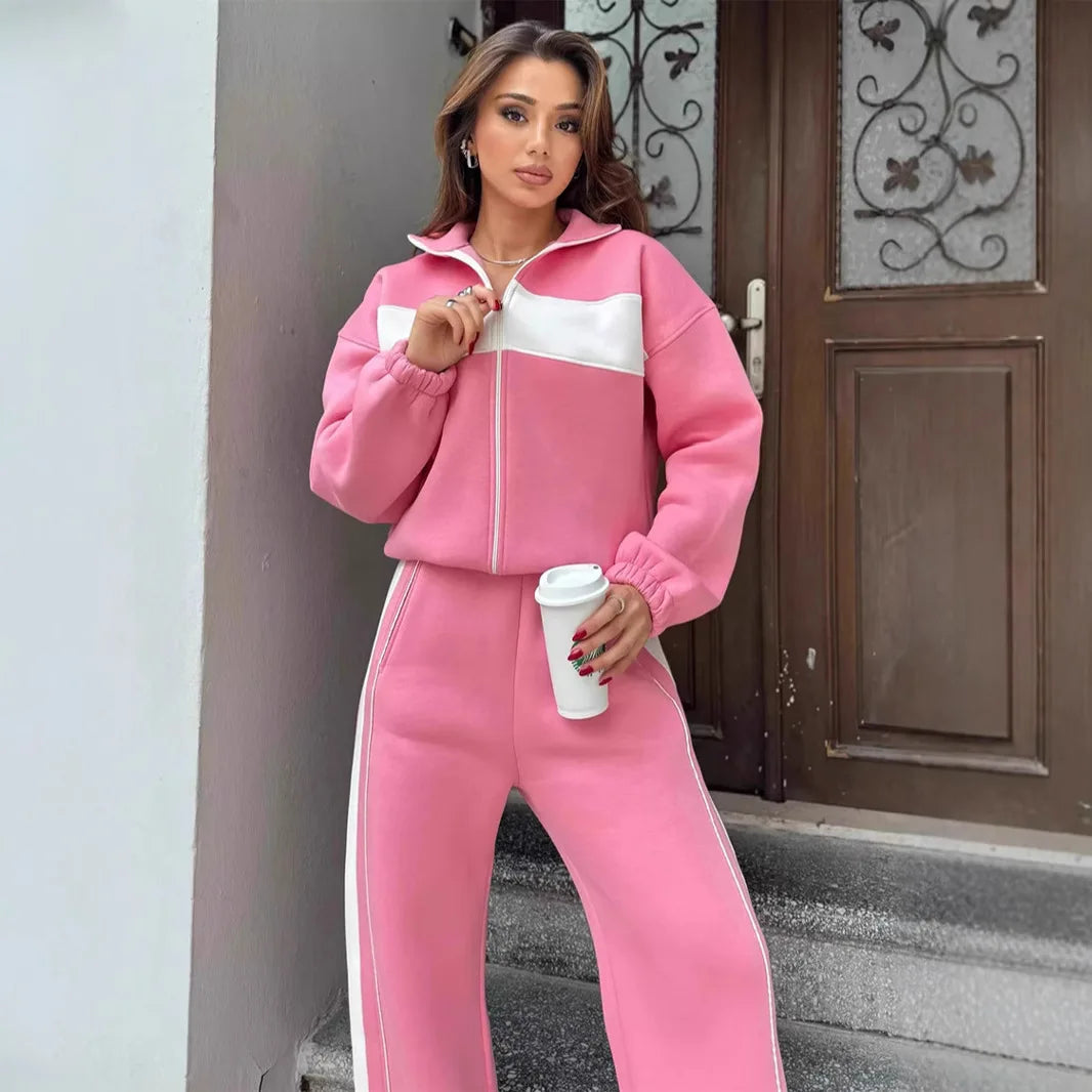 Casual High Neck Zipper Top And Straight Leg Pants Two Piece Set for women Comfortable Leisure