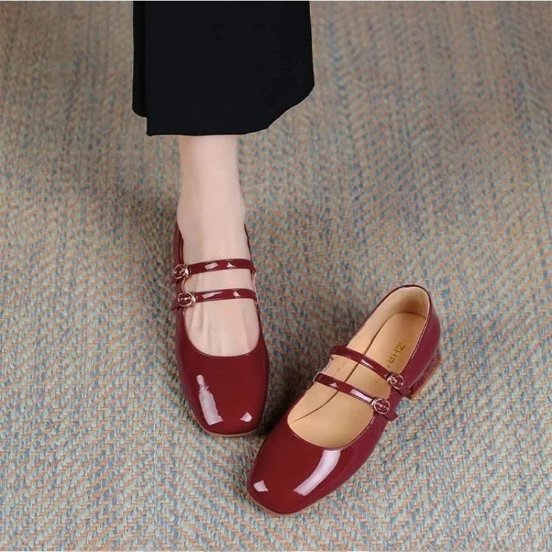 French Patent Leather Mary Jane Shoes – Retro Wine Red Slip-On with Buckle Low Heel