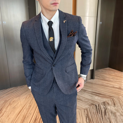 British Men’s Plaid Three-Piece Suit – Korean British Style Business Casual Blazer, Vest &amp; Trousers