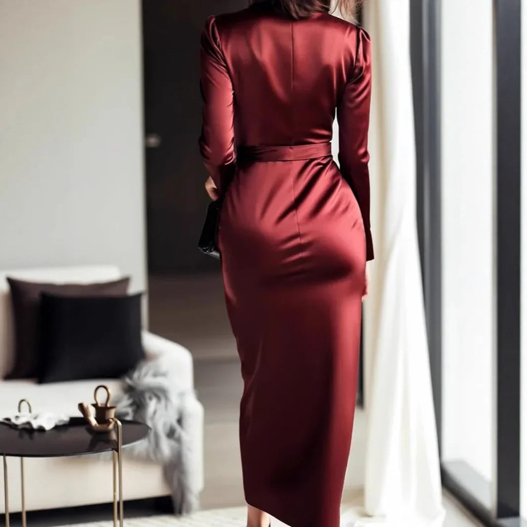 Crisluvᵀᴹ Elegant Satin V-Neck Long Sleeve Maxi Dress with Waist Belt