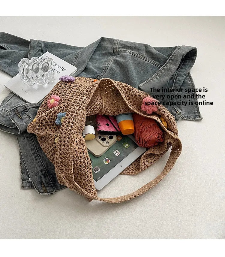 Hollow Mesh Knitted Shoulder Bag Beach Vacation Slouchy Chic Cartoon Tote Bag Lightweight Laid-Back Casual Woven Women Handbag