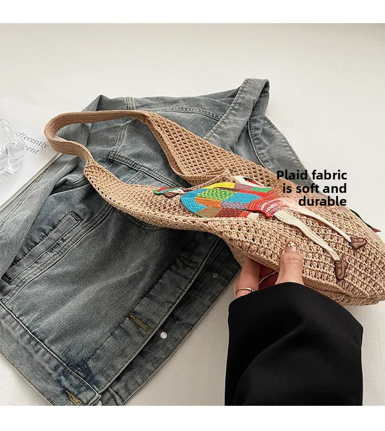 Hollow Mesh Knitted Shoulder Bag Beach Vacation Slouchy Chic Cartoon Tote Bag Lightweight Laid-Back Casual Woven Women Handbag
