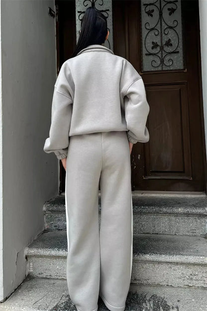 Casual High Neck Zipper Top And Straight Leg Pants Two Piece Set for women Comfortable Leisure