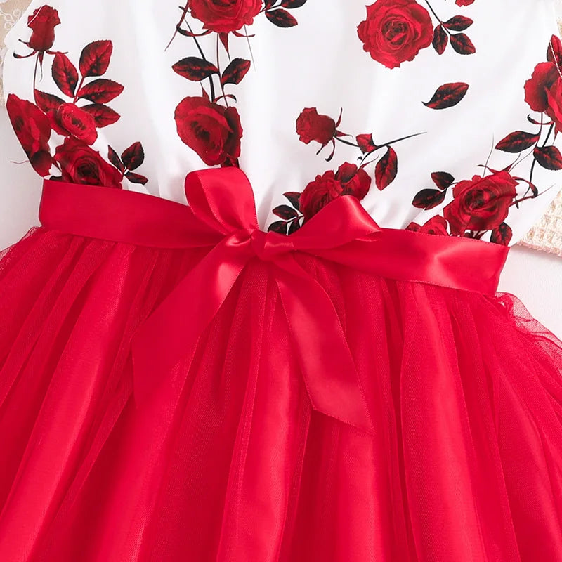 Set For Kids Girl 8-12 Years Ruffled Sleeve Rose Floral Print Tulle Cute Princess Formal Dresses with Belt Ootd For Baby Girls