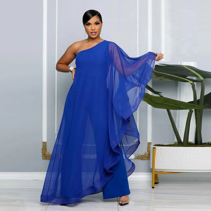 Crisluvᵀᴹ One-Shoulder Ruffle Sleeve Women’s Jumpsuit Elegant Slim Fit Aysmmetric Fashion Autumn