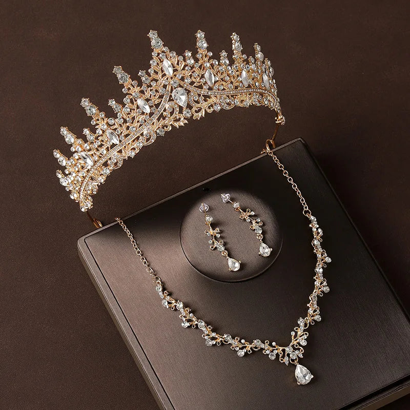 Bridal Wedding Jewelry 4-piece Set, Alloy Crystal Crown&amp;Crystal Necklace&amp;Earrings Women&